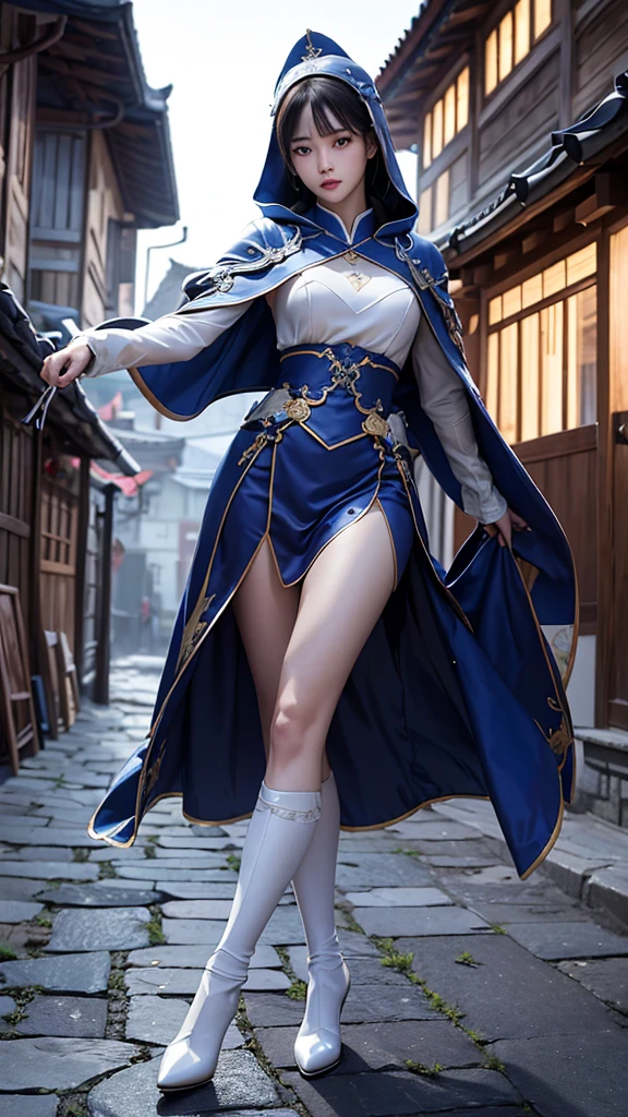 South korea women mystery hooded on with modern royal Blue coat with long and wide sleeves with buttons and royal Blue cape and very high white heel over the knee and white gloves, As she reveals a small secret hidden blade coming from his palm , adding to the character's mysterious and agile appearance, with small movements of air on the cape, jump from roof to roof, in summer at night under the rain,medieval south korea house. sophisticated and highly detailed, ultra hd, realistic, hyper detailed, enhanced colours, ultra sharp focus, with vibrant, rich in details High quality, gorgeous, captivating, 8k, super detailed, stunning shadows, detailed lines, blood stain on coat and gloves, corpses in the street recently murdered