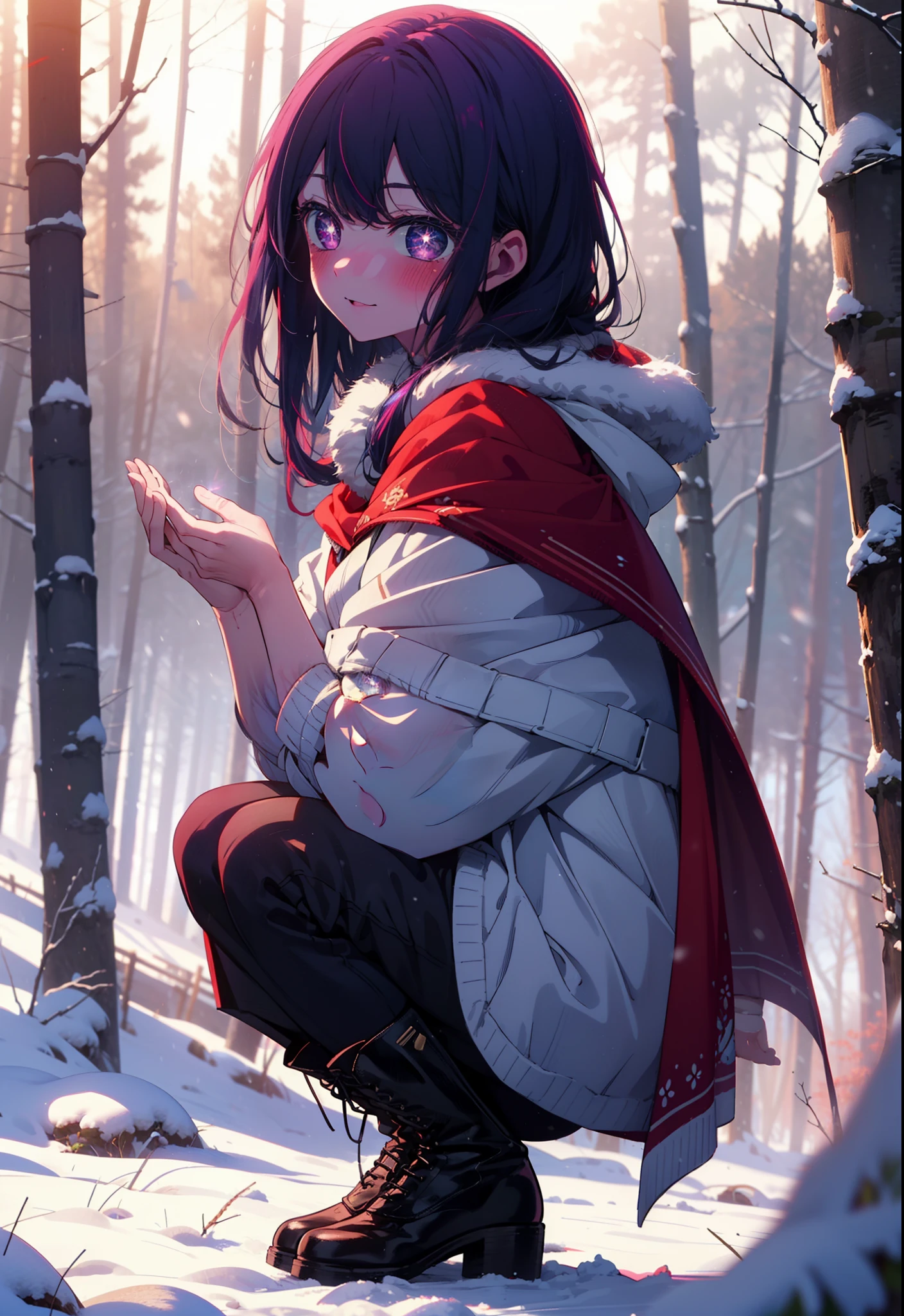 aihoshino, Ai Hoshino, Long Hair, bangs, (Purple eyes:1.1), Purple Hair, (Symbol-shaped pupil:1.5), smile,,smile,blush,white breath,
Open your mouth,snow,Ground bonfire, Outdoor, boots, snowing, From the side, wood, suitcase, Cape, Blurred, , forest, White handbag, nature, Squat, Mouth closed, Cape, winter, Written boundary depth, Black shoes, red Cape break looking at viewer, Upper Body, whole body, break Outdoor, forest, nature, break (masterpiece:1.2), Highest quality, High resolution, unity 8k wallpaper, (shape:0.8), (Beautiful and beautiful eyes:1.6), Highly detailed face, Perfect lighting, Extremely detailed CG, (Perfect hands, Perfect Anatomy),