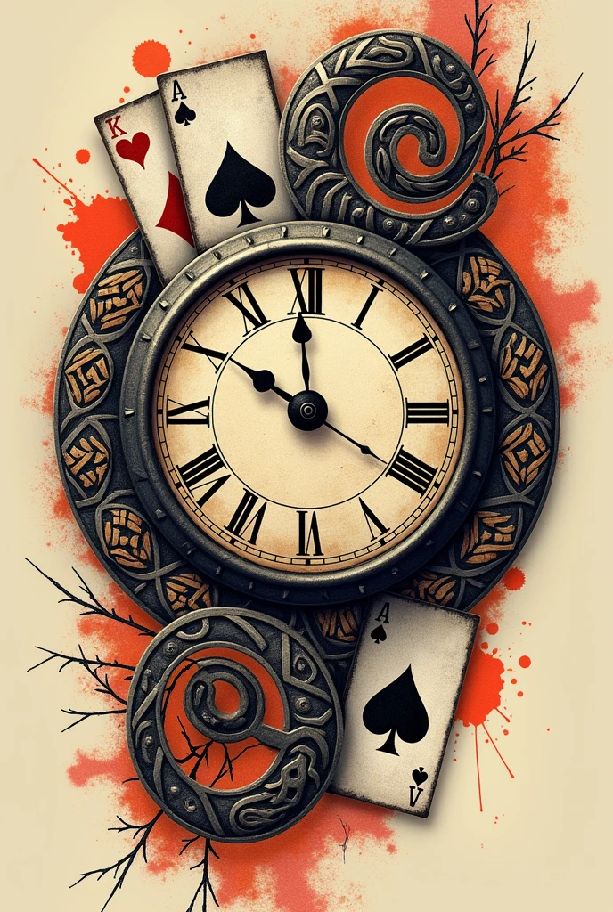 A tattoo of a Roman clock blending Maori and abstract images and a deck of cards