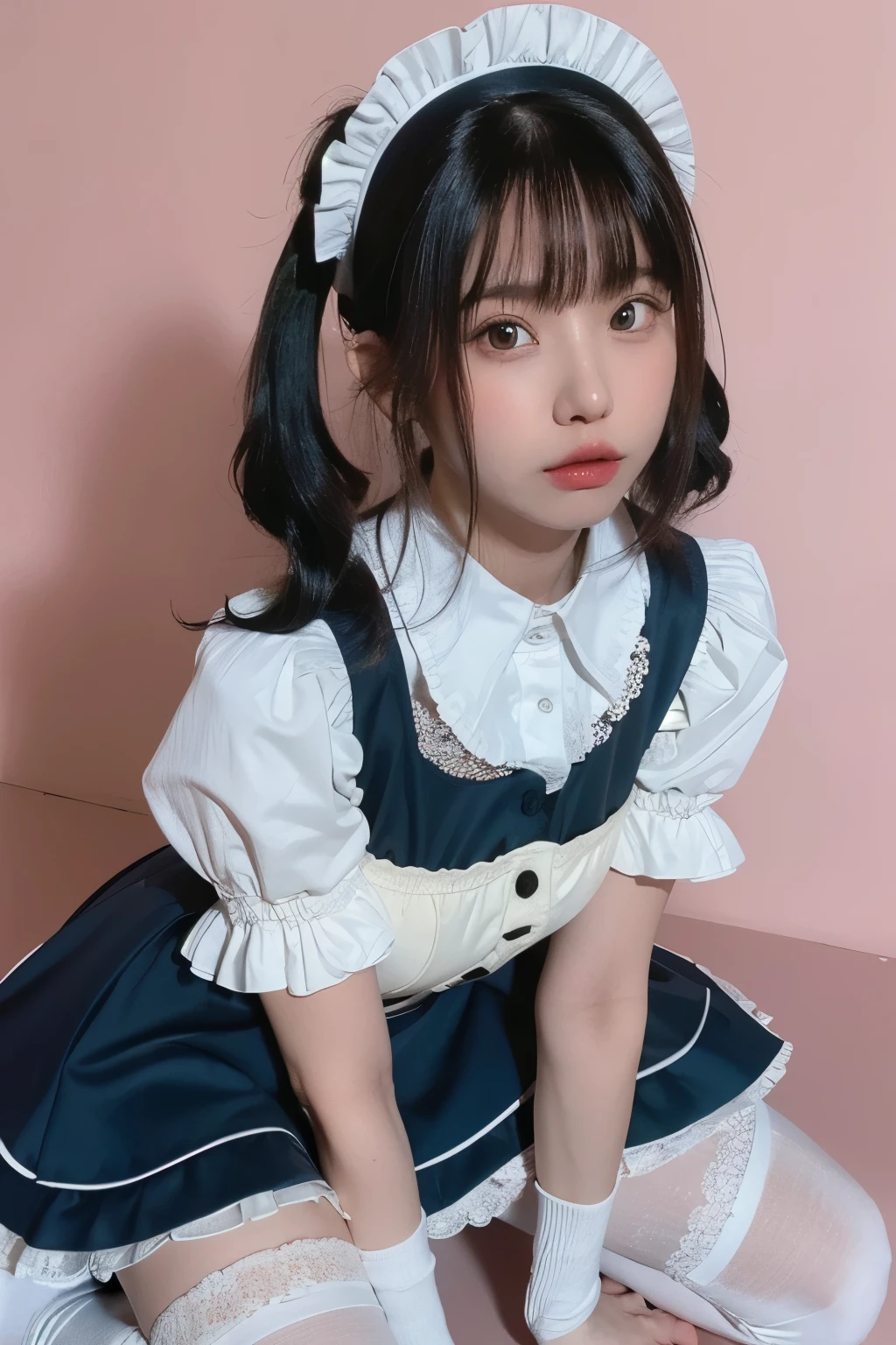 RAW photo, (8k), (highest quality: 1.2), (real), (real: 1.37), ultra-high resolution, (highest quality, 8K, 32K, masterpiece: 1.2), (high resolution), (8K), (high resolution), (highest quality, 8K, 32K, masterpiece: 1.2), Create an image of a young woman dressed as a maid in a blue and white checkered outfit. She is sitting in a corner with pink walls, crouched down while making a cute pose by pressing her fingers against her cheeks. She has long black hair styled in twin tails with bangs, and she is wearing a blue maid headband with lace trim. The outfit includes white stockings and white shoes. The overall atmosphere is soft and pastel-colored.