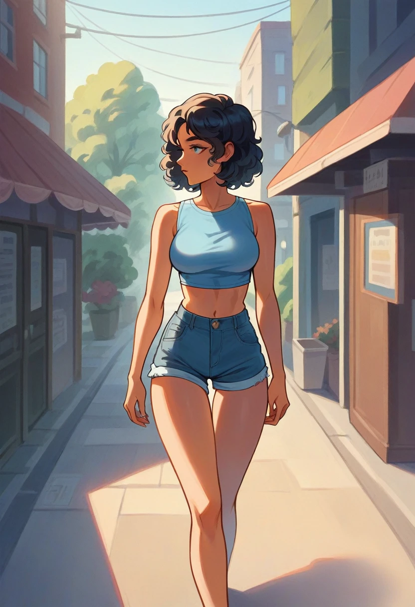 A beautiful Black woman with curly hair, wearing a blue shirt and denim shorts, walking down the street., a portrait by Nándor Katona, instagramart, taquisma, looks like fabiula natal, sutiã e shorts streetwear, short and stout woman, slim waist and thick hips, sexy girl wearing shorts, dressed in top and shorts, legs thick, short jeans