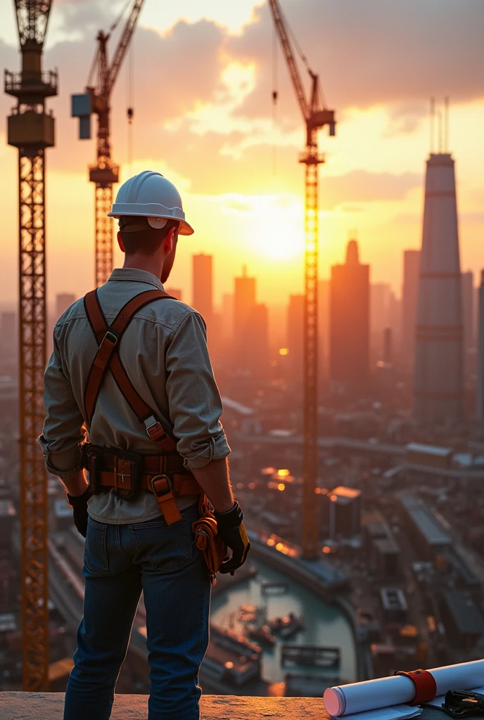 Man building a structure, with his white helmet