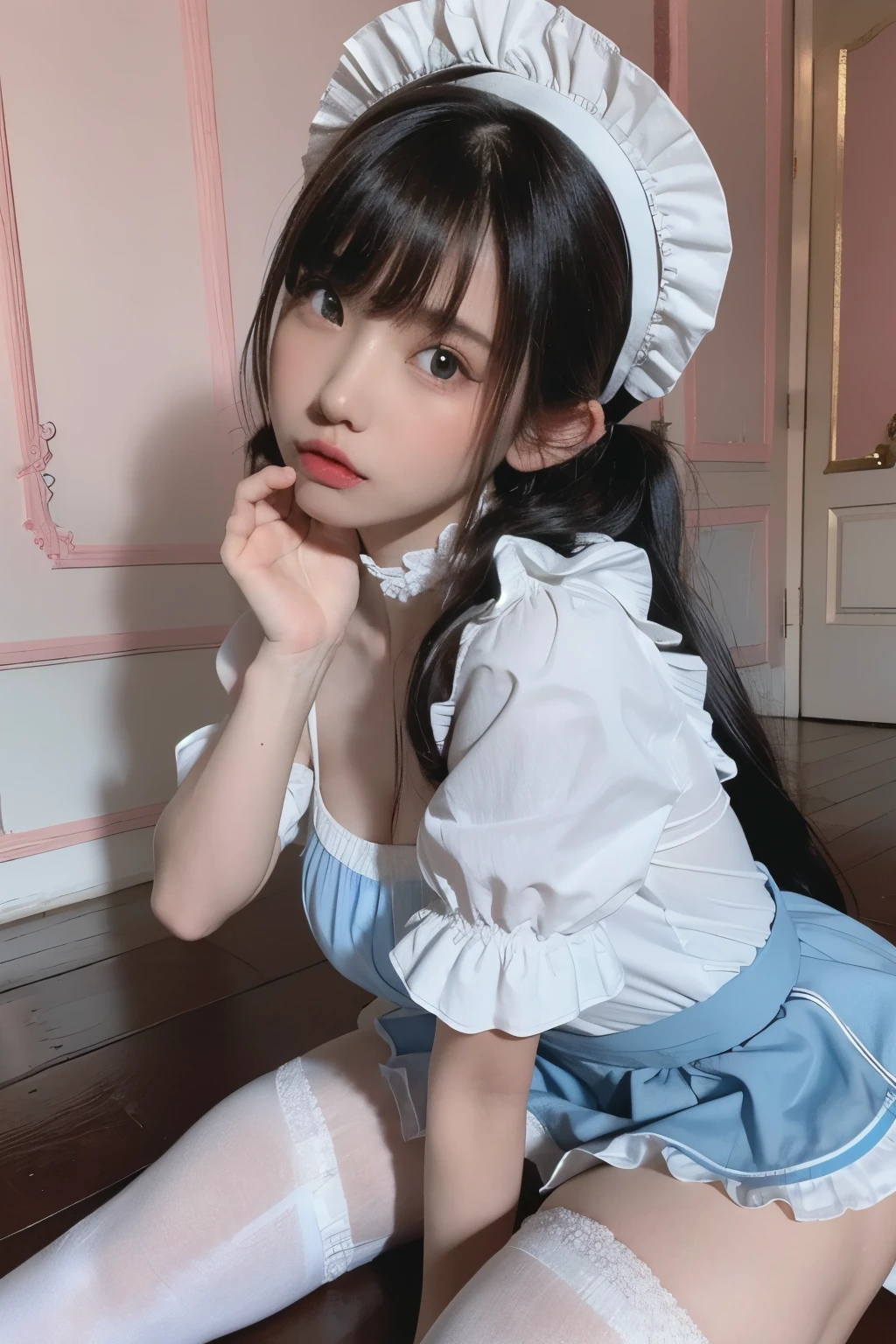 RAW photo, (8k), (highest quality: 1.2), (real), (real: 1.37), ultra-high resolution, (highest quality, 8K, 32K, masterpiece: 1.2), (high resolution), (8K), (high resolution), (highest quality, 8K, 32K, masterpiece: 1.2), Create an image of a young woman dressed as a maid in a blue and white checkered outfit. She is sitting in a corner with pink walls, crouched down while making a cute pose by pressing her fingers against her cheeks. She has long black hair styled in twin tails with bangs, and she is wearing a blue maid headband with lace trim. The outfit includes white stockings and white shoes. The overall atmosphere is soft and pastel-colored.