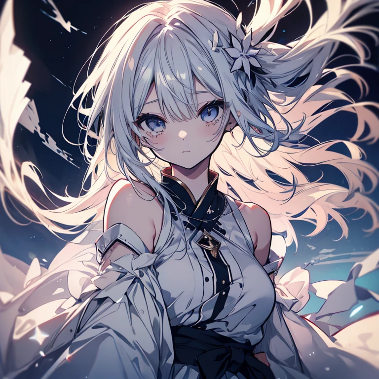 1 person、Mature、Ample breasts、Long Hair、White Hair、Hair blowing in the wind、Fleeting、Delicate hair、dress、Shoulder Bare、pray、Night Sky、Lakeside、Stars Shining、mysterious、sing、Sad face、Dwelling on it、白いdress、An endless hell、Tears、I can't see the future、Dark Night、Calm before the storm、High resolution、Highest quality