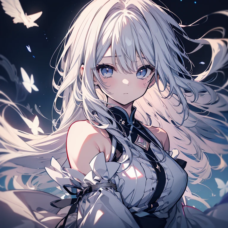 1 person、Mature、Ample breasts、Long Hair、White Hair、Hair blowing in the wind、Fleeting、Delicate hair、dress、Shoulder Bare、pray、Night Sky、Lakeside、Stars Shining、mysterious、sing、Sad face、Dwelling on it、白いdress、An endless hell、Tears、I can't see the future、Dark Night、Calm before the storm、High resolution、Highest quality