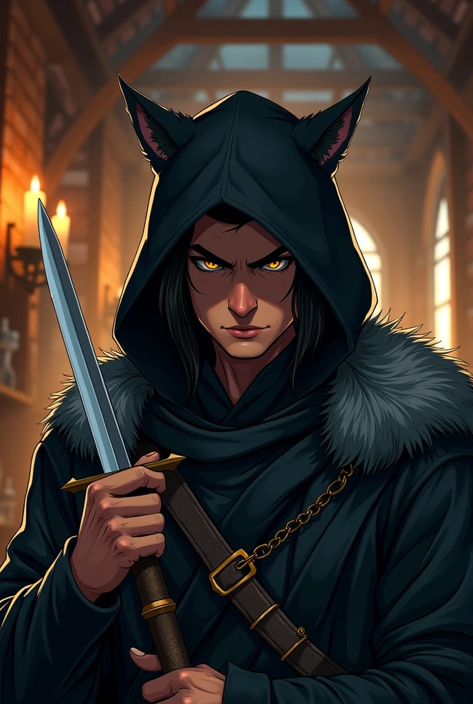 man | Draw an anime-style character, Dungeons & Young dragons, of half-elf race, with brown skin, yellow eyes and short, gray hair, wearing black clothing and a hood with wolf fur. On guard, holding two daggers.