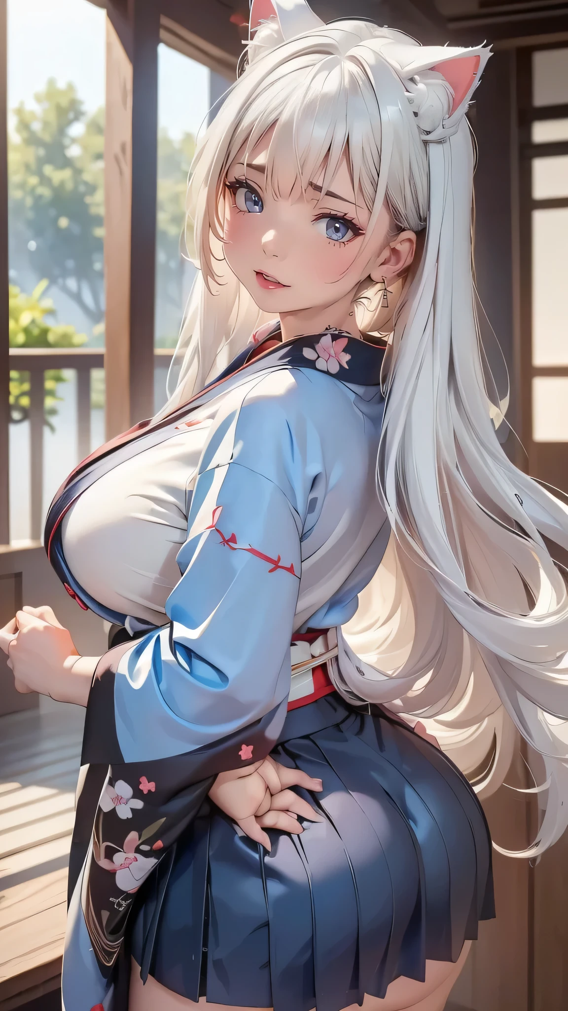 top-quality、​masterpiece、超A high resolution、(Photorealsitic:1.4)、((Raw foto:1.1))、1 girl in、((white  hair:1.5))、full body Esbian、large full breasts、Ultra exposed cleavage、((Erotic Poses:1.2))、(((Erotic look:1.4)))、choker、double eyelid、((Loose and fluffy perm:1.2))、((semi long hair:1.2)),a miniskirt、JK Ribbon、((Skinny Wear:1.5))++、kindly smile、((Cat ears of the same color as the hair:1.3))、(((Loose kimono:1.7)))++、((Super Cute:1.2))、(((pleatedskirt:1.5)))++, ((Glossy lips:1.2)),Natural makeup,((Uniforms:1.5)),Sexy Pose、((Cat tail with the same color as the hair:1.3)), ((Emphasis on the buttocks and breasts:1.5))++, (top-quality、​masterpiece)、1girl in、intricate detailes、(Realistic lighting with shades)、huge filesize, hight resolution, elegent, realisitic, (Perfect anatomical depiction of the human body), Teenage girl is raising her dancing legs in Japan schoolgirl outfit, serious facial expression, Girls are Japan with blue eyes and long hair skin and bangs turn white、Japanese, (ultra gigantic tits)、(big breasts thin waist)、(thighs thin)、(a baby face)、((Crimson ribbon ties)). (Neat white blouse with smooth thin fabric)、(The breasts of the blouse are very cramped)、(no-good)、(Dense areola)、(blouse squashes large breasts and spreads to the sides)、 (Micro mini pleated skirt with dark blue tartan check)、((No skin exposed on upper body))、(Neat clothes with all buttons fastened)、(The hem of the blouse is tucked inside the skirt), (hason, The back and chest are hidden by a blouse,、You can't see it directly.), (Beautiful big blue eyes), (Thin and clear double eyelid lines for the eyes), (Glossy, plump and bright tone teardrop bags under the eyes), (Light blue iris), (The iris and pupil have several highlights), (Red representation of the conjunctiva), (Long eyelashes that clearly indicate their presence), (Blouse with super big), (Skin and hair sparkle in the sunlight),,