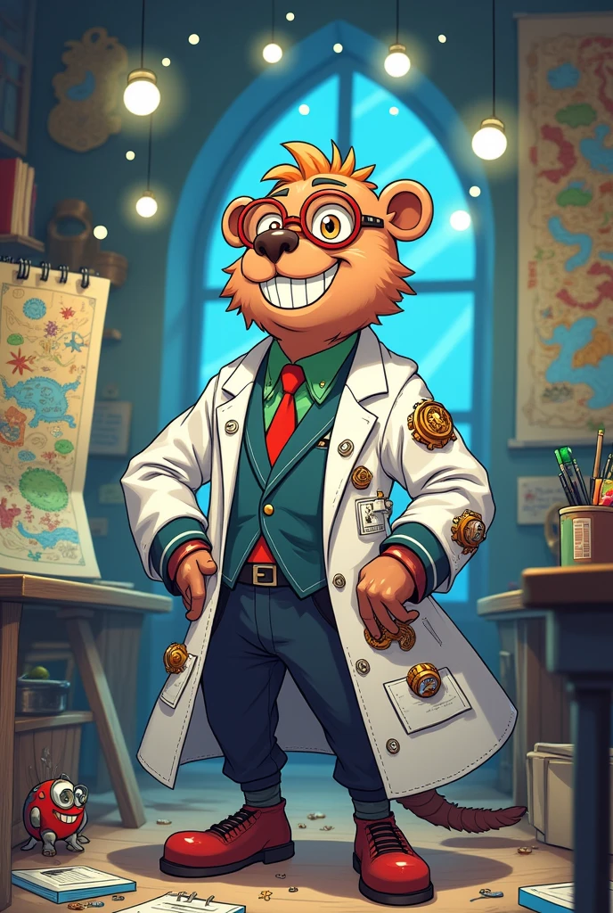 Draw me a male in genshin anime style that resembles features of a beaver. The male is a crazy professor