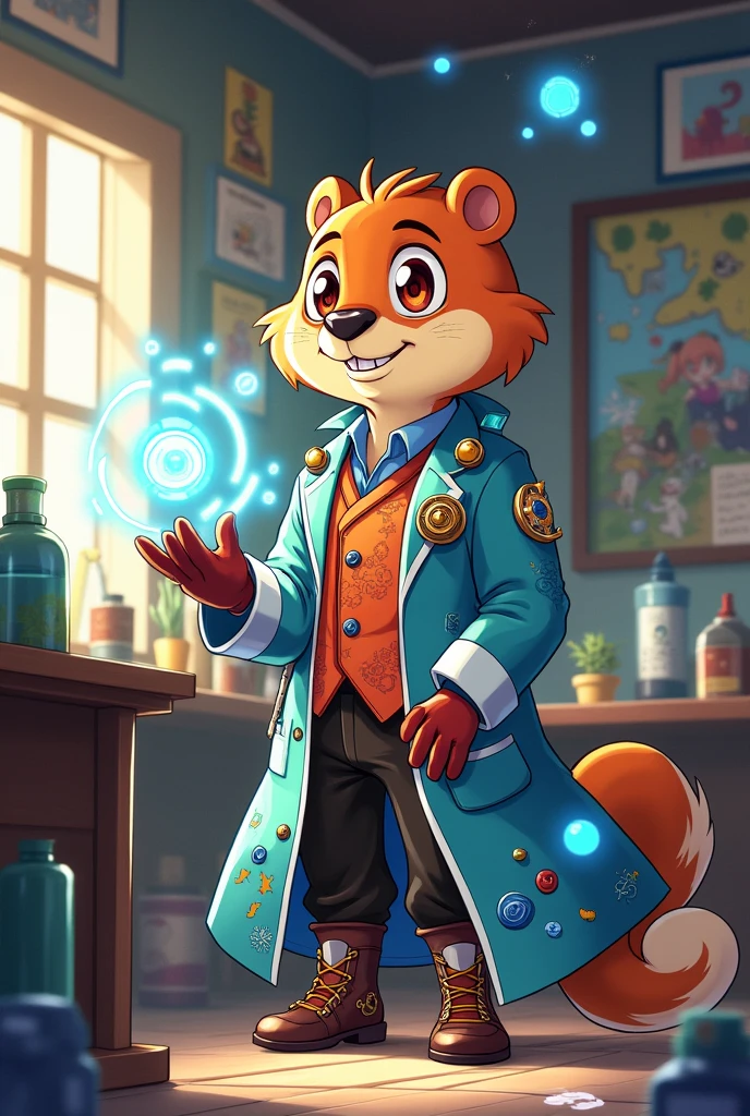 Draw me a male in genshin anime style that resembles features of a beaver. The male is a crazy professor