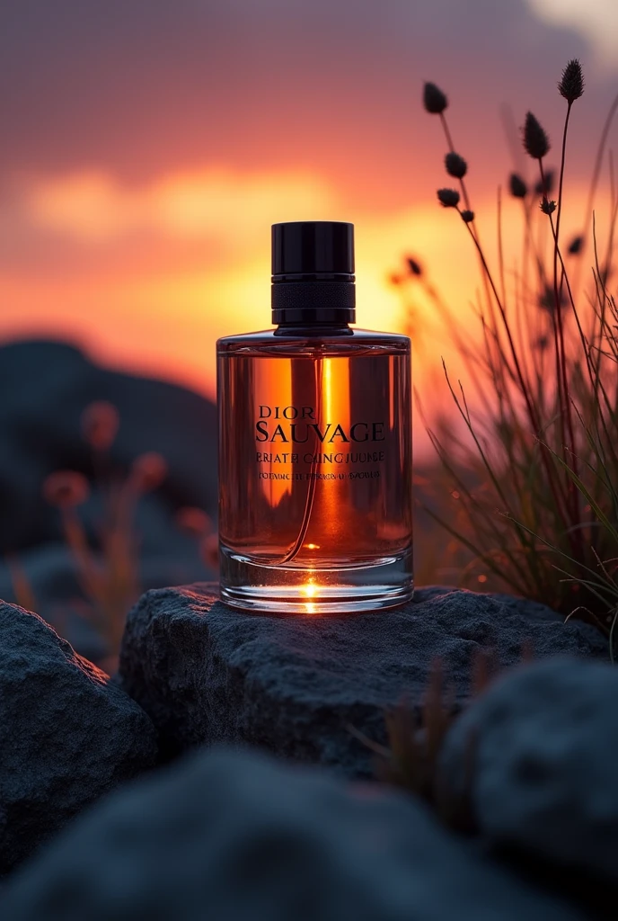 a bottle of Dior Sauvage perfume surrounded by natural elements like the wind, rocks, and a vibrant sunset, with a silent night as a backdrop."
