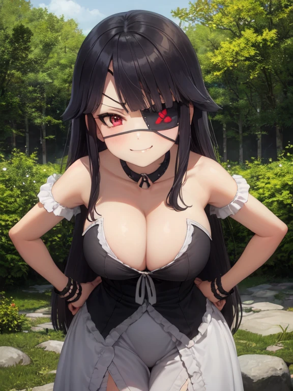 (masterpiece), 1girl, solo, standing in a forest, arrogant face, looking at viewer, front, big breasts, front, cleavage, Mirai, short girl, one eyepatch, evil smile, breast focus, smirk, height 145cm