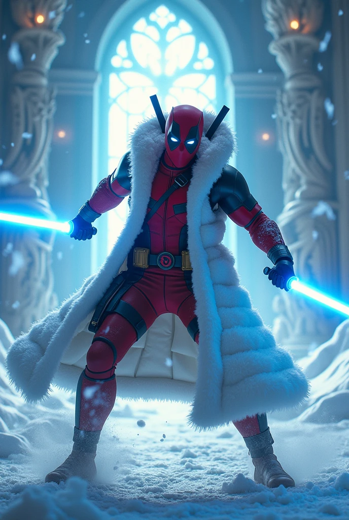 Full-body Deadpool wearing a white and blue Cinnamorol character coat, wielding blue sabers and attacking in Superman's Fortress of Solitude.