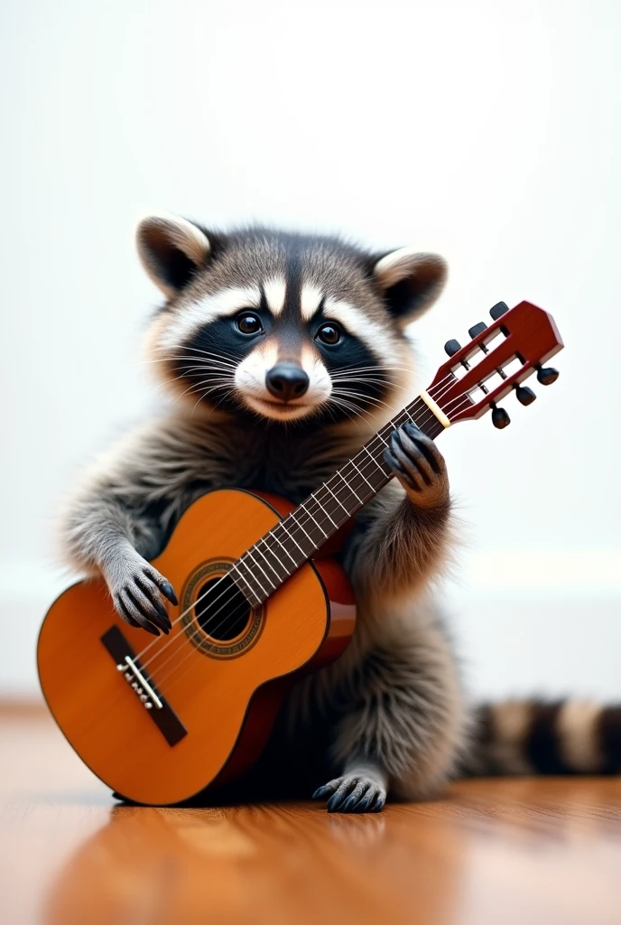 Raccoon playing a dreadnought guitar sitting on the floor, with nothing in the background or with a white background, guitarist raccoon (realist)(Details)(photorealim:1.2)