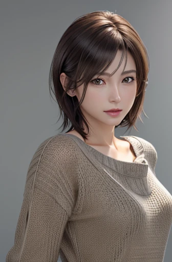 (Representative works:1.3)、(8k、photorealistic、Raw photo、Highest image quality:1.4)、(30 years old mature woman)、small face、beautiful face、(realistic face)、no makeup、natural makeup、Light makeup、 (Dark brown、short hair:1.3)、beautiful hairstyle、realistic eyes、beautiful detailed eyes、 (photorealisticな肌)、beautiful skin、 (sweater),,Bust B cup、 Disorganized、 charm, 超High definition, Super realistic, High definition, Golden Ratio FF Tifa、Gray background、