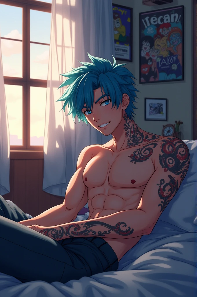 A half naked young anime men sitting on a bed with his cock out