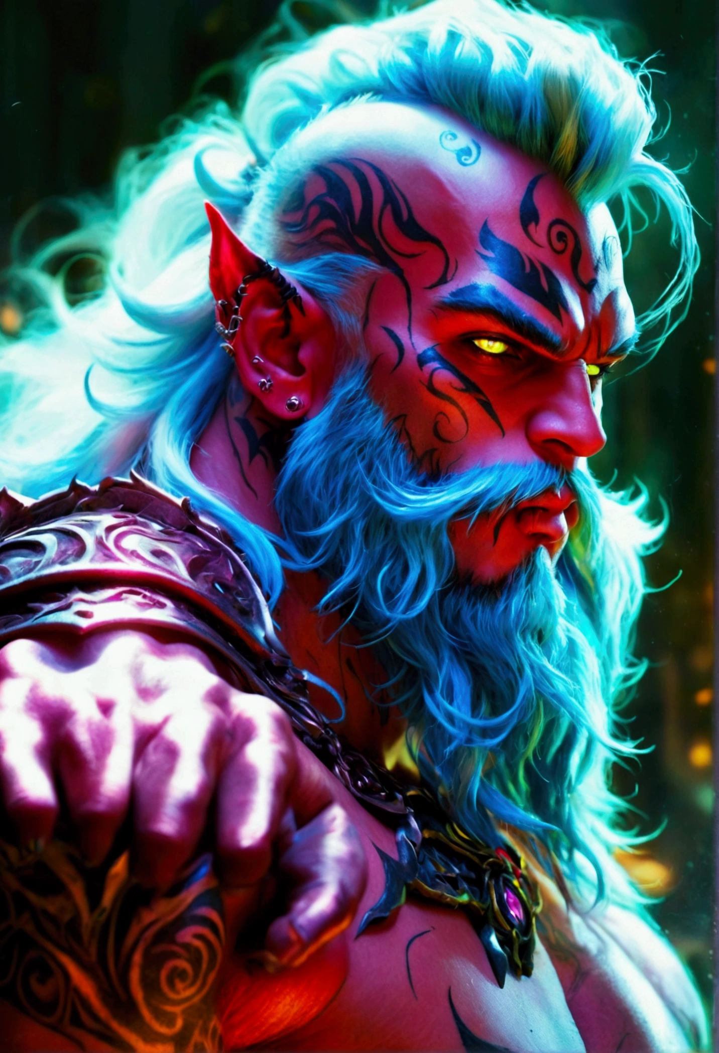 Create a hyper detailed photograph of a tattooed large muscular young demon lord deathknight, Stunningly perfect gorgeous face, perfect makeup, detailed vibrant neon ruby eyes, large beautiful muscular legs, large beautiful muscular arms, perfect chiseled body, large muscular abs, detailed silky smooth skin, long hair, masculine facial hair,