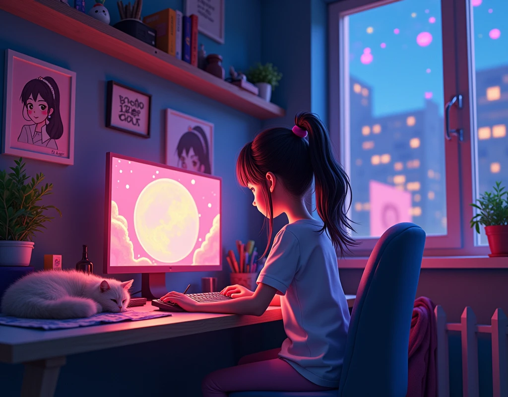 Disney pixar cartoon, a girl sitting at a desk with a computer and a monitor, Lofistyle, Lofi Style, atey ghailan 8k, lo-fi art, in the style of atey ghailan, praise vibes, Anime art wallpaper 4k, anime art wallpaper 4k, lofi girl, lofi hip hop, lofi feels, background neon, dark, music, cat, jazz