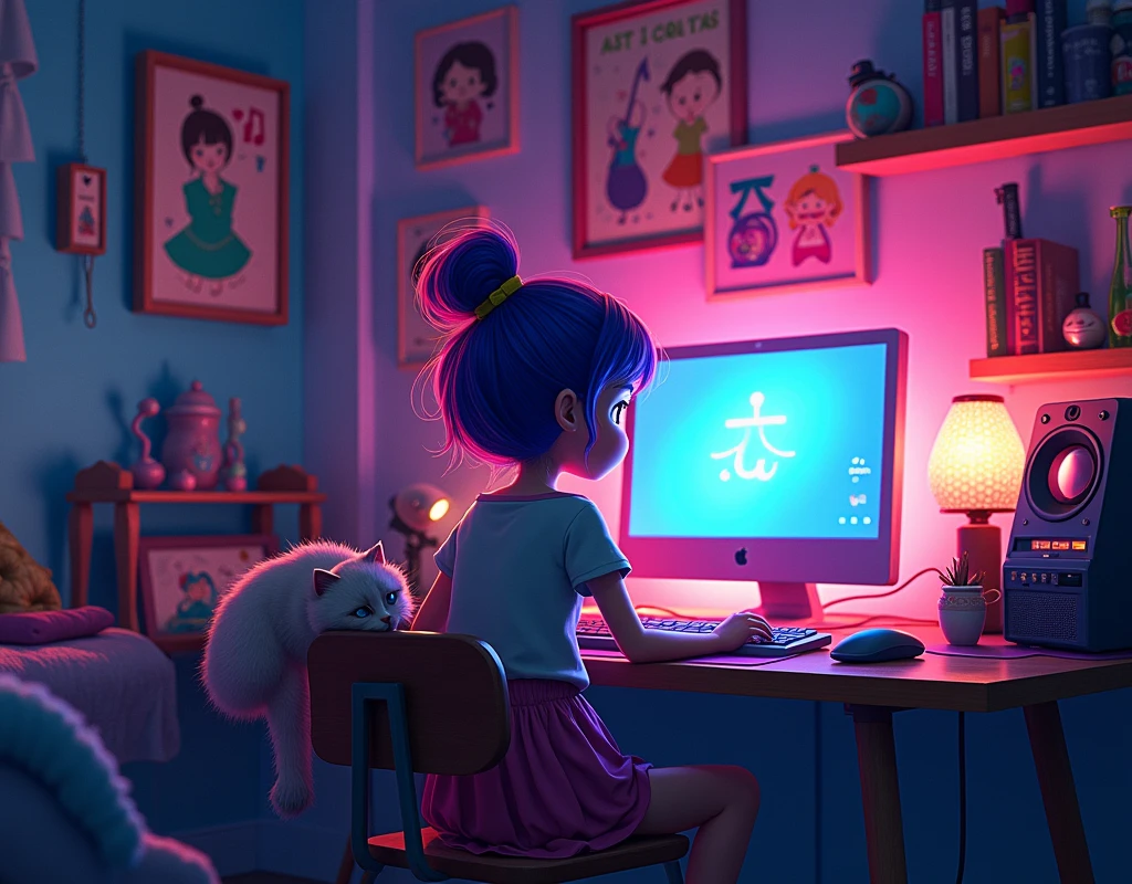 Disney pixar cartoon, a girl sitting at a desk with a computer and a monitor, Lofistyle, Lofi Style, atey ghailan 8k, lo-fi art, in the style of atey ghailan, praise vibes, Anime art wallpaper 4k, anime art wallpaper 4k, lofi girl, lofi hip hop, lofi feels, background neon, dark, music, cat, jazz