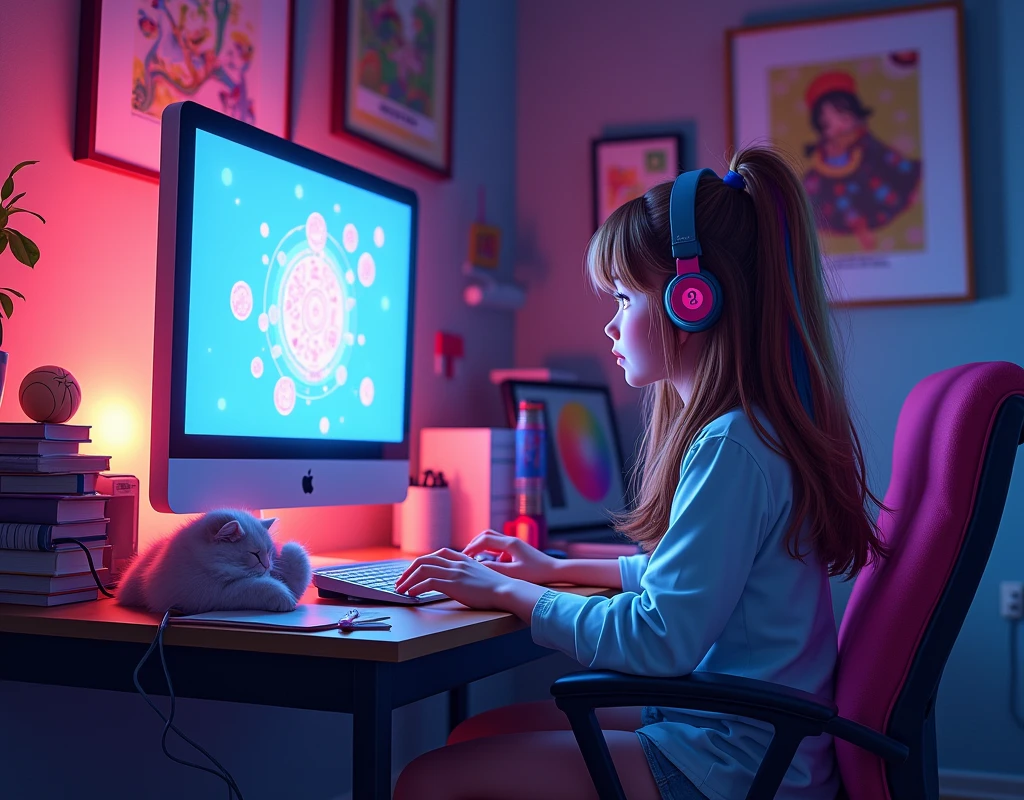 Disney pixar cartoon, a girl sitting at a desk with a computer and a monitor, Lofistyle, Lofi Style, atey ghailan 8k, lo-fi art, in the style of atey ghailan, praise vibes, Anime art wallpaper 4k, anime art wallpaper 4k, lofi girl, lofi hip hop, lofi feels, background neon, dark, music, cat, jazz