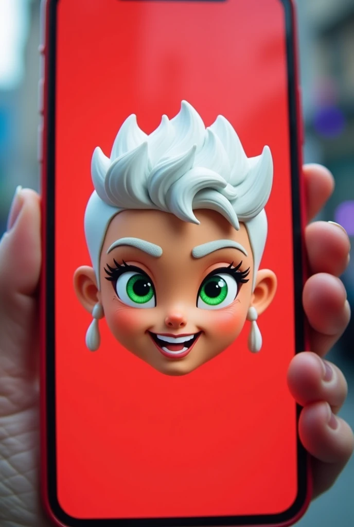 Red iPhone memoji female sex, white hair, green eyes, and a cropped curly hairstyle 