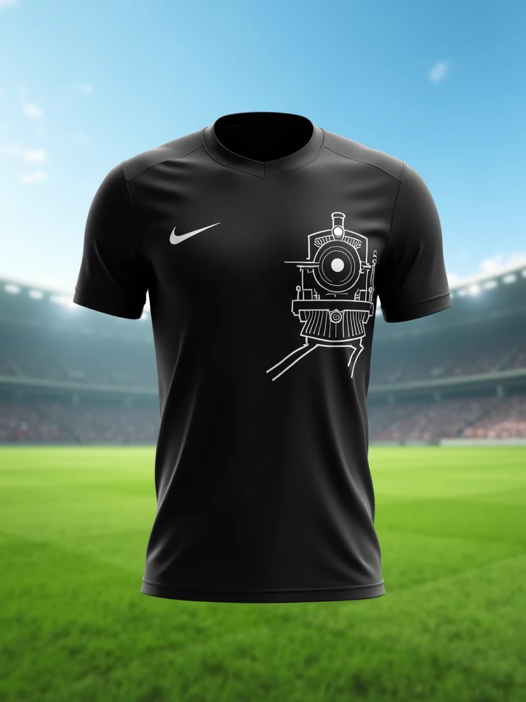 A minimalist all-black soccer team uniform, Symbol of a model train with a front view, white color outline high relief on the right side of the chest