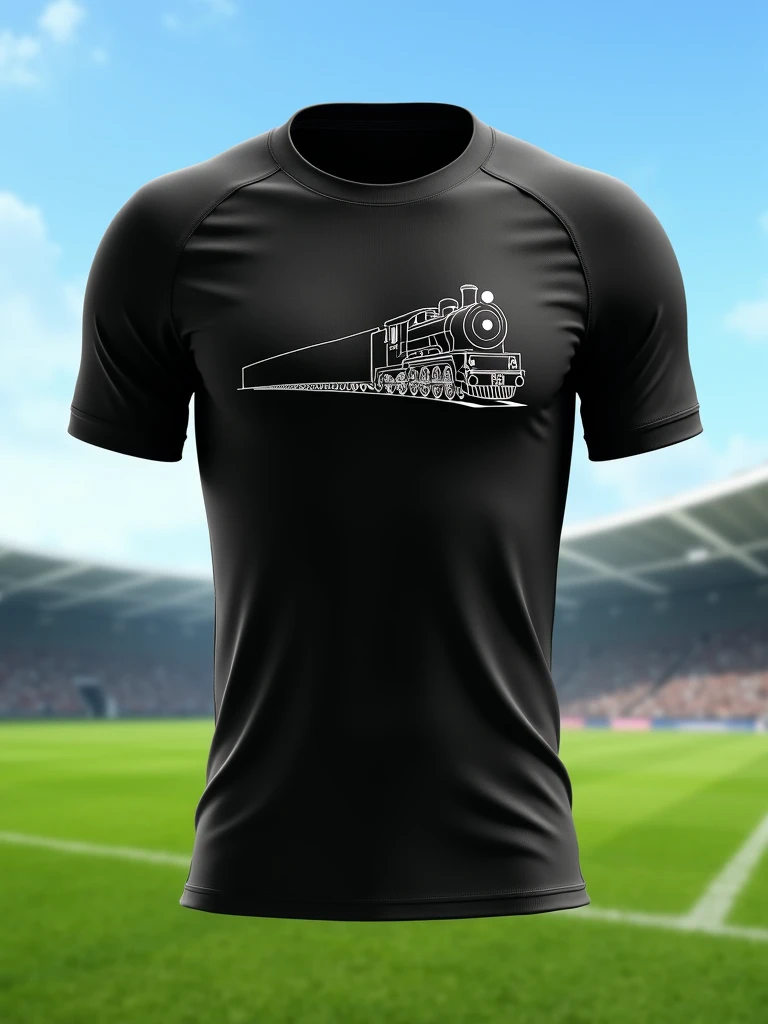 A minimalist all-black soccer team uniform, Symbol of a model train with a front view, white color outline high relief on the right side of the chest