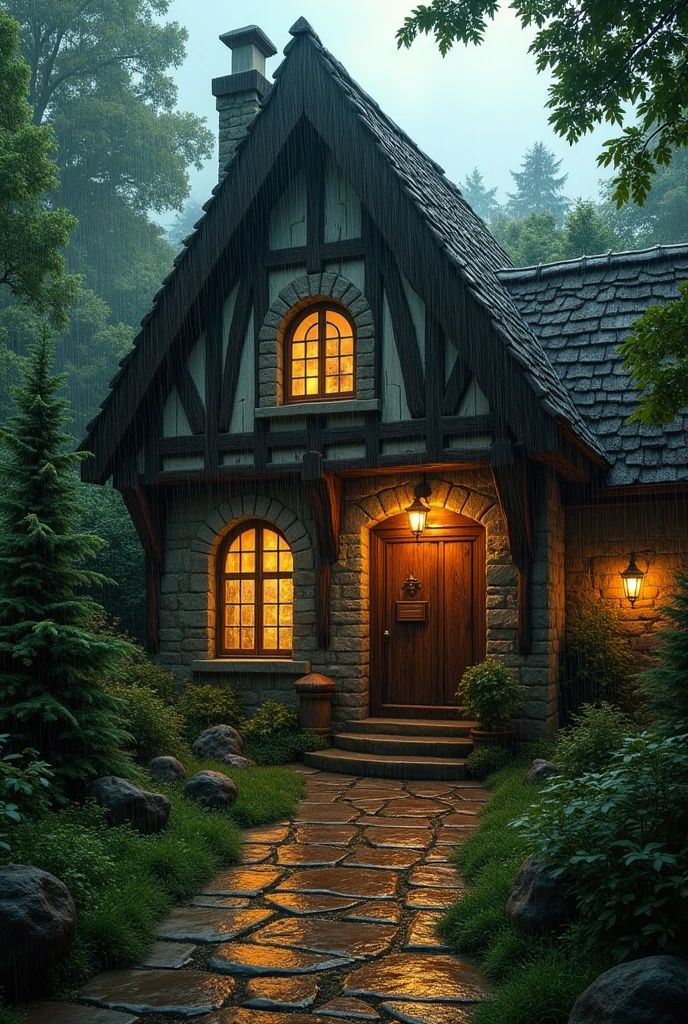 Small and ancient medieval tavern , in the middle of the forest , with lights on in the middle of a very rainy night