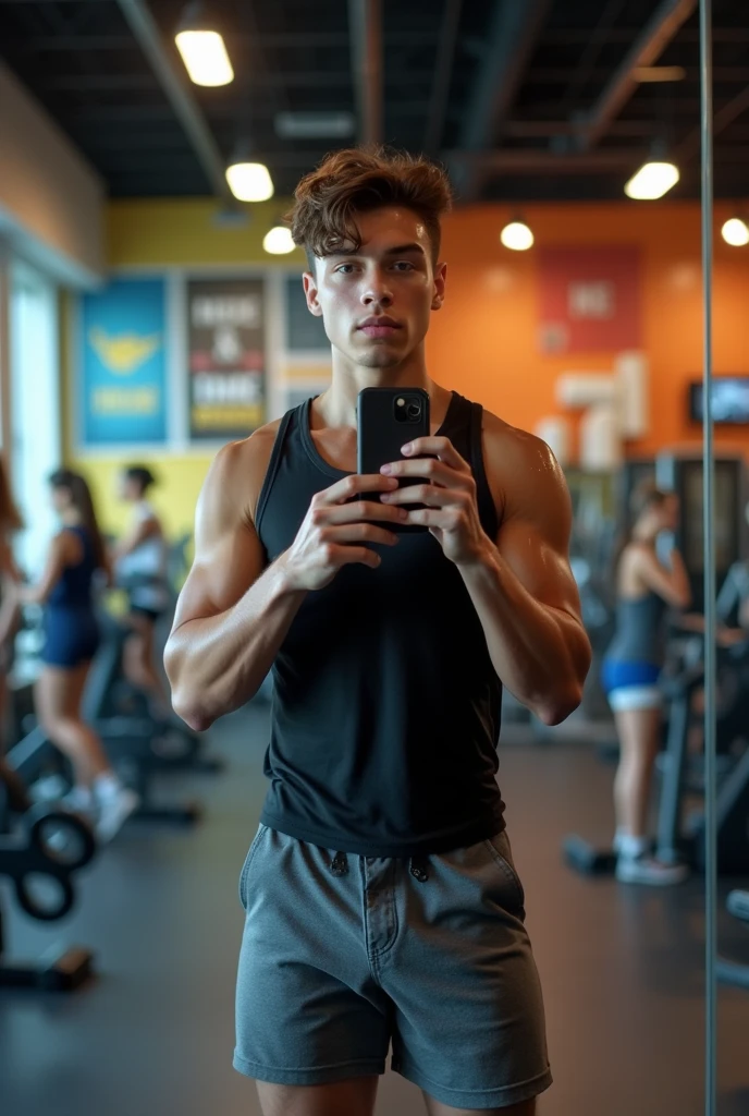 White teenager
at the gym
Taking a photo with a phone in the mirror
Without showing the face