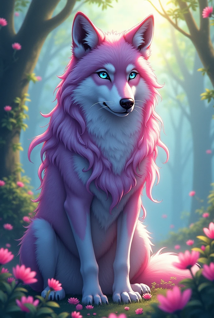The wolf has the face and hair of an human anime girl.