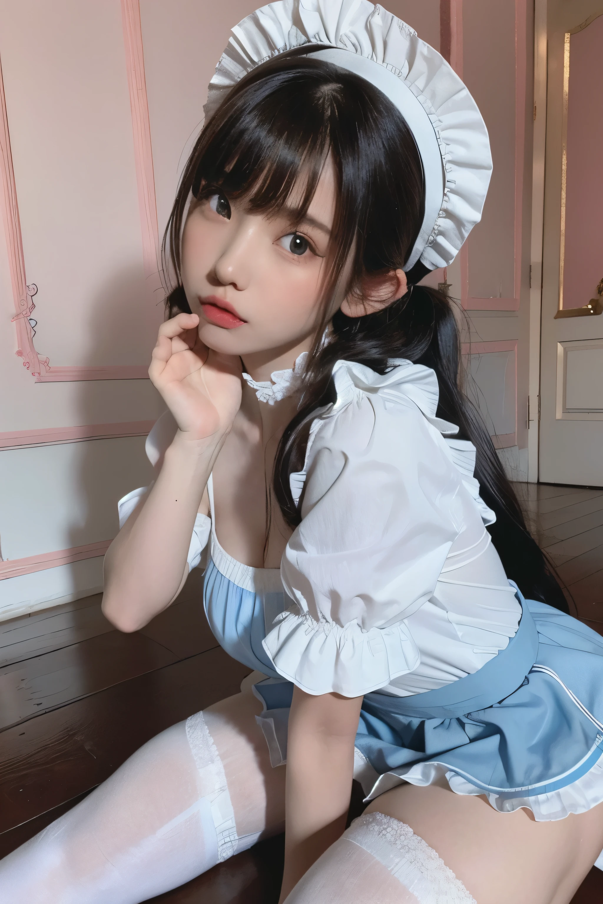 RAW photo, (8k), (highest quality: 1.2), (real), (real: 1.37), ultra-high resolution, (highest quality, 8K, 32K, masterpiece: 1.2), (high resolution), (8K), (high resolution), (highest quality, 8K, 32K, masterpiece: 1.2), Create an image of a young woman dressed as a maid in a blue and white checkered outfit. She is sitting in a corner with pink walls, crouched down while making a cute pose by pressing her fingers against her cheeks. She has long black hair styled in twin tails with bangs, and she is wearing a blue maid headband with lace trim. The outfit includes white stockings and white shoes. The overall atmosphere is soft and pastel-colored.