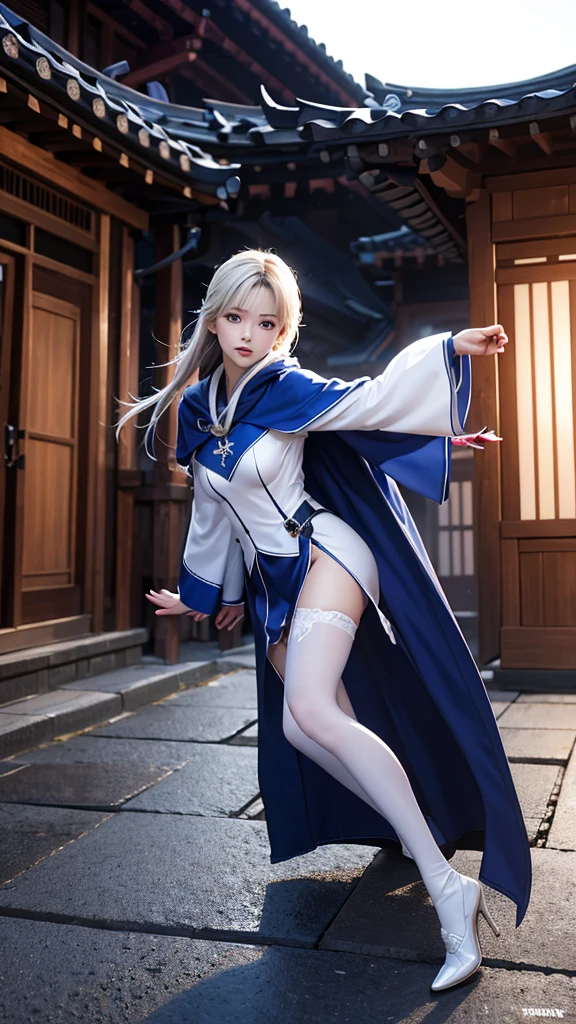 South korea women mystery hooded on with modern royal Blue coat with long and wide sleeves with buttons and royal Blue cape and very high white heel over the knee and white gloves, As she reveals a small secret hidden blade coming from his palm , adding to the character's mysterious and agile appearance, with small movements of air on the cape, jump from roof to roof, in summer at night under the rain,medieval south korea house. sophisticated and highly detailed, ultra hd, realistic, hyper detailed, enhanced colours, ultra sharp focus, with vibrant, rich in details High quality, gorgeous, captivating, 8k, super detailed, stunning shadows, detailed lines, blood stain on coat and gloves, corpses in the street recently murdered