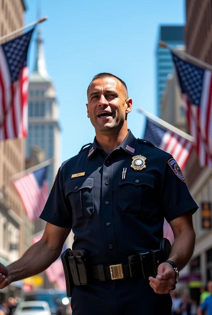 A man wearing a United States of America police uniform is talking.