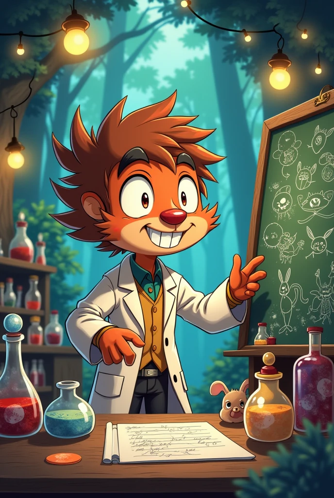 Draw me a human male in genshin anime style that resembles features of a beaver. The male is a crazy professor