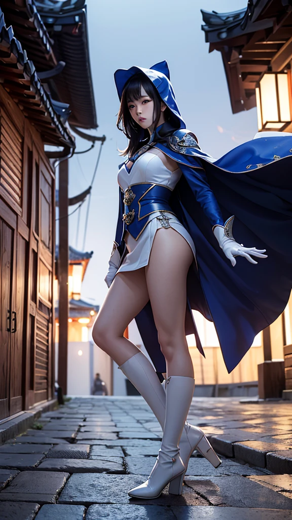 South korea women mystery hooded on with modern royal Blue coat with long and wide sleeves with buttons and royal Blue cape and very high white heel over the knee and white gloves, As she reveals a small secret hidden blade coming from his palm , adding to the character's mysterious and agile appearance, with small movements of air on the cape, jump from roof to roof, in summer at night under the rain,medieval south korea house. sophisticated and highly detailed, ultra hd, realistic, hyper detailed, enhanced colours, ultra sharp focus, with vibrant, rich in details High quality, gorgeous, captivating, 8k, super detailed, stunning shadows, detailed lines, blood stain on coat and gloves, corpses in the street recently murdered