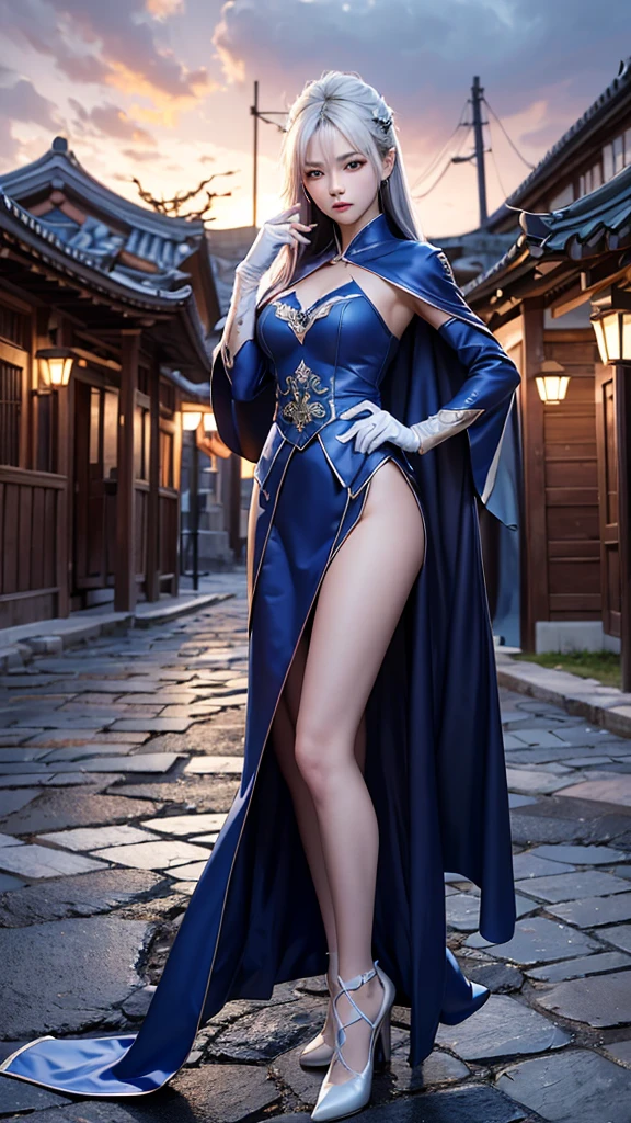 South korea women mystery hooded on with modern royal Blue coat with long and wide sleeves with buttons and royal Blue cape and very high white heel over the knee and white gloves, As she reveals a small secret hidden blade coming from his palm , adding to the character's mysterious and agile appearance, with small movements of air on the cape, jump from roof to roof, in summer at night under the rain,medieval south korea house. sophisticated and highly detailed, ultra hd, realistic, hyper detailed, enhanced colours, ultra sharp focus, with vibrant, rich in details High quality, gorgeous, captivating, 8k, super detailed, stunning shadows, detailed lines, blood stain on coat and gloves, corpses in the street recently murdered