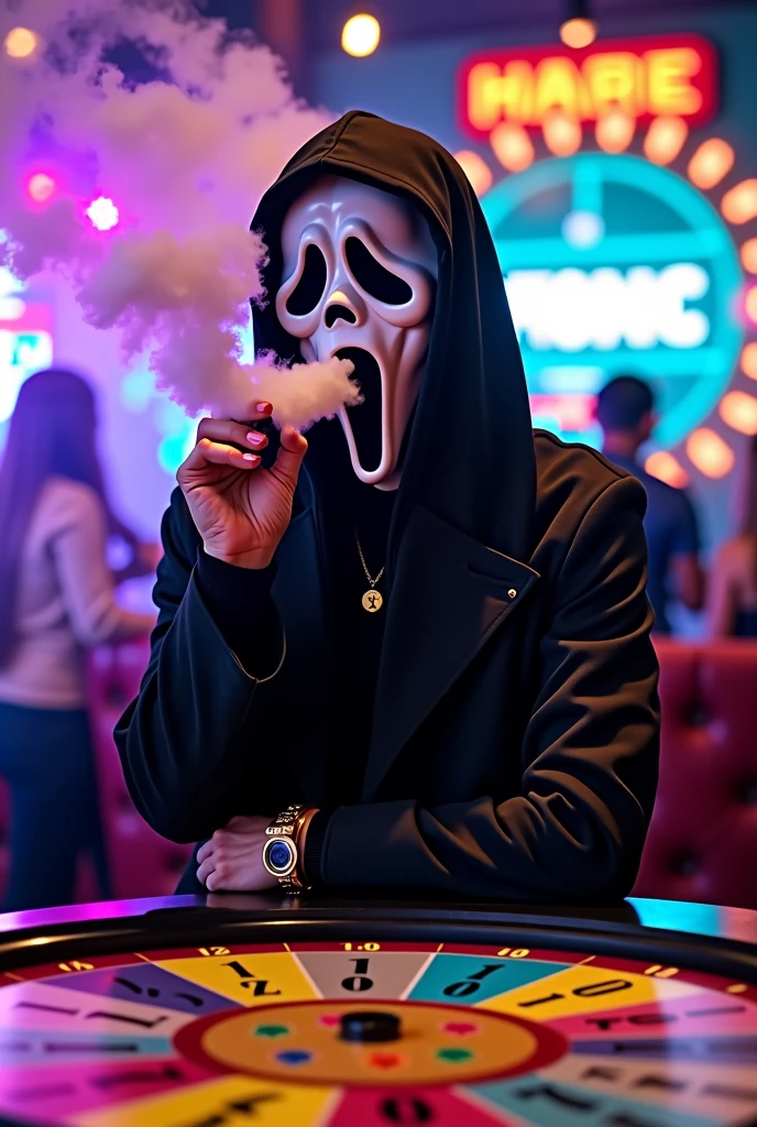 young, costume, scream mask, vape, in it, cool, Wheel of fortune, Game table