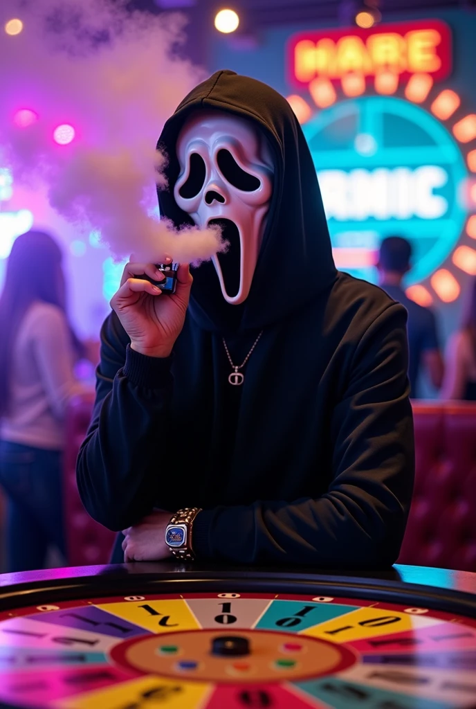young, costume, scream mask, vape, in it, cool, Wheel of fortune, Game table
