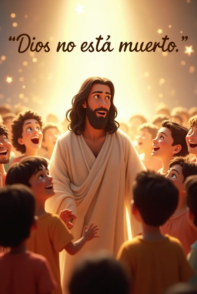 Jesus handsome in the middle part, with a white light background, stars and children worshiping him and with a word at the top saying "God is not dead" in Spanish in italics and the whole photo with Pixar design