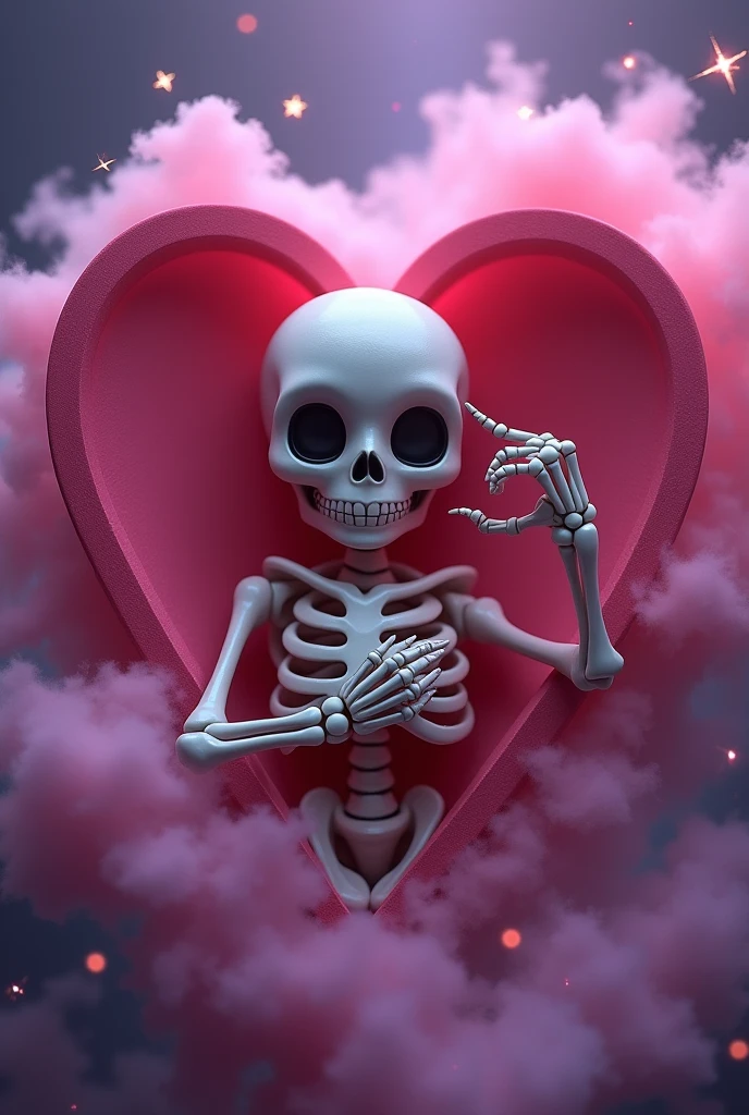 A pink half-heart with a vampire skeleton inside making a heart with its hand