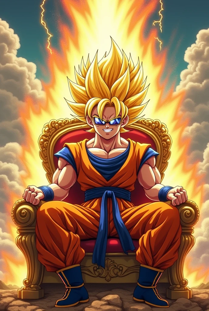 Son Goku with sunglasses and a golden crown on his head, sitting on a throne with an arrogant smile, revealing his white teeth. He's in Super Saiyan form.