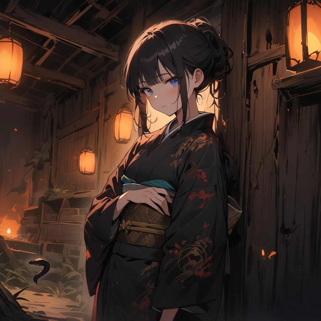woman, Fair skin, Black Hair, blue eyes, black snake on the lower half of her body, Mysterious eyes, A kimono with dark colors, primarily black., snake, masterpiece, Highest quality, Spooky atmosphere, ruined shack, Unlit, night