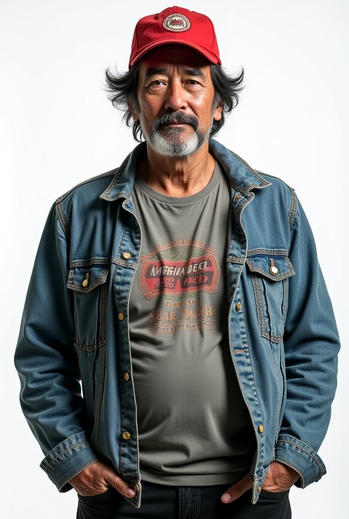 middle aged male, red cap, short black shaggy hair, looks unkept because hard lifestyle, jeans jacket, gray T-shirt with logo, black shorts, focus on face and torso, ((transparent background))