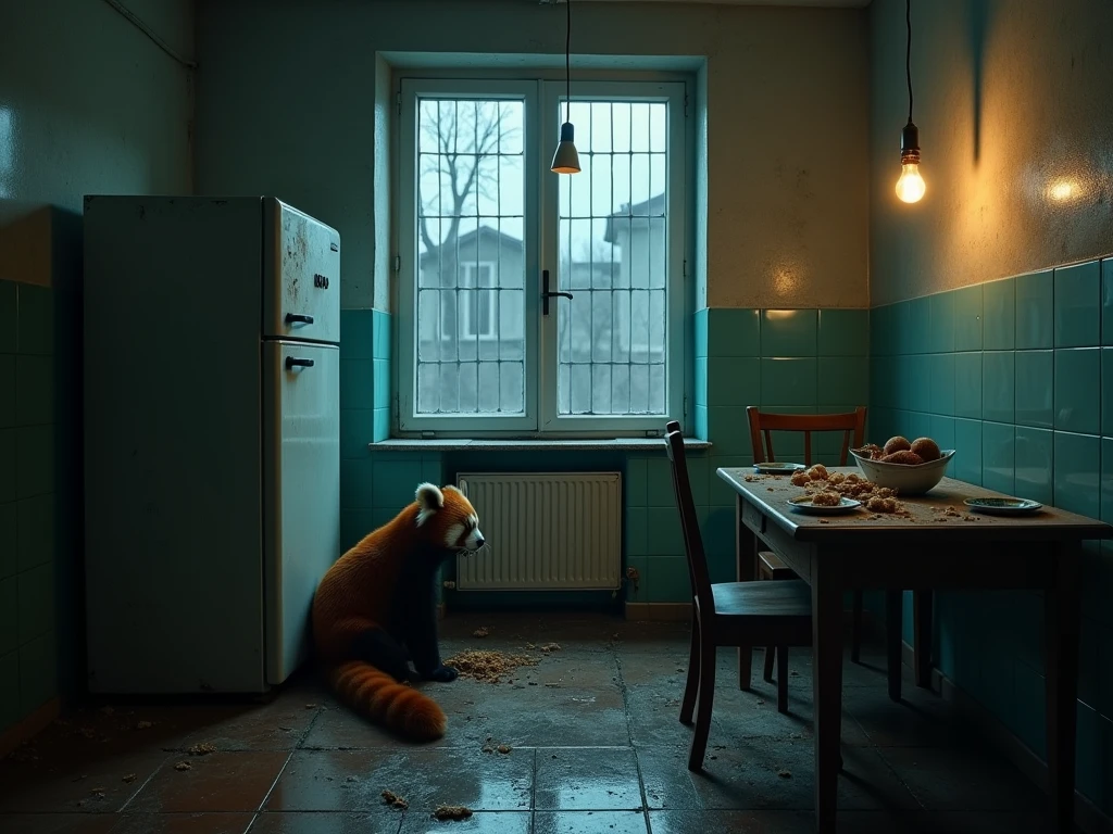 A photo of an abandoned Soviet kitchen. At night, rain and thick fog outside the window. Through the fog you can see tall Soviet panel houses, immersed in darkness. In the center of the photo - an abandoned kitchen. On the floor lie remnants of old linoleum, torn in several places, underneath it you can see the floorboards, covered in a thick layer of dust. In the corner of the kitchen there is one bulky Soviet-era refrigerator with fogged-up glass., on the door - a rusty handle and a detached rubber seal. Next to the refrigerator - a dining group with a huge wooden table, covered in cracks, with stains and a thick layer of dust. On the table - an overturned plate with remnants of food, a glass with tea leaves at the bottom, stale bread. On the walls of the kitchen - remnants of Soviet tiles, in some places chipped and revealing black brickwork. Above the stove hangs a single light bulb in a plastic shade, It doesn't burn, its glass is covered in dust. The cupboard doors are broken, behind them you can see a few empty shelves, covered in dust. On the window - bulky iron bars, and behind them - broken glass. Cold, damp air penetrates through cracks in the glass, but he can't drive away the fog, which filled the entire space of the kitchen. In the center of the room, in half, a red panda with bright red fur sits. She eats a piece of bread calmly., which holds in its paws, carefully biting off small pieces of it. There is a concentrated look on her face., as if she was thinking about something very important. In the center of the room, on the ceiling, an old rope hangs with a noose at the end. She sways in the wind, like a ghost of the past. Colors: dark grey, brown, rusty, green, black, bright red. “Photorealistic” style, "gloomy", "abandoned", "Soviet".
