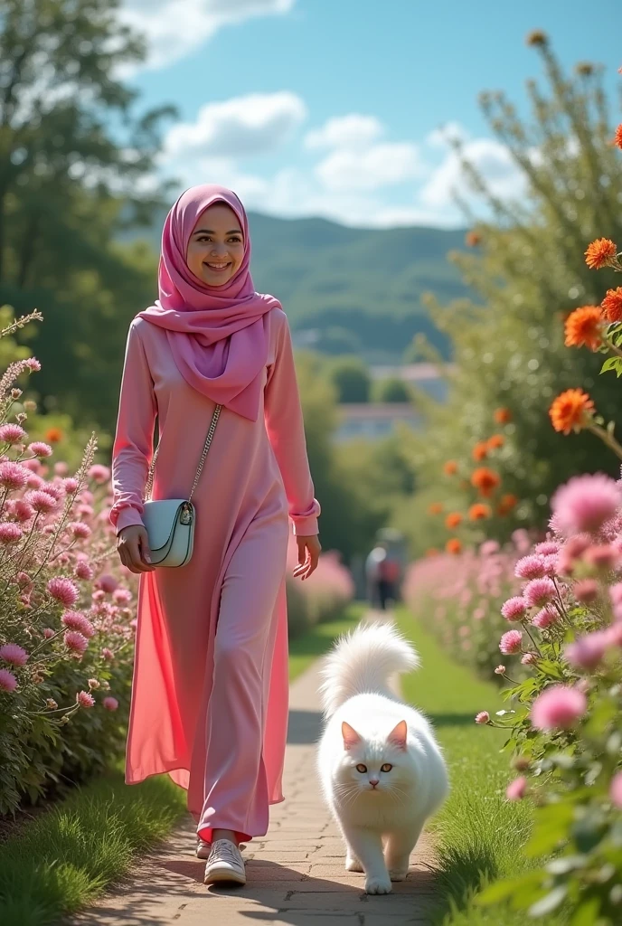 a woman wearing a pink hijab is walking with a white Persian cat, looking straight ahead while smiling. You can see the cat garden and flower hill, garden background, blue sky, photo studio