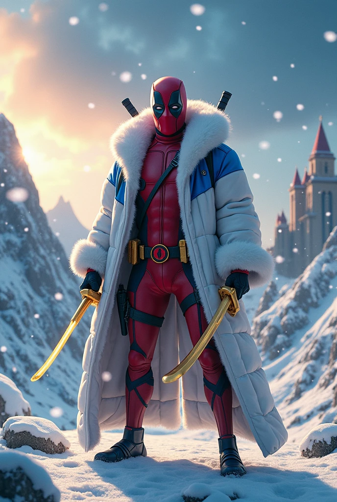 Full-body Deadpool wearing a white and blue Cinnamorol character coat, firing his golden katanas at Superman's Fortress of Solitude.