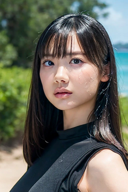 masterpiece, Highest quality,  Unreal Engine,  Super Resolution,  Very detailed, Complex, colorful, Clear images, Sharp focus, Digital Blending, 

One beautiful woman, One Japan actress, ashidamana, Perfect Eyes, Perfect Face, Ultra detailed hair, Ultra detailed face, Very detailed lips,Vivid expression, Healthy Body, Detailed sweat glands of beautiful and cute real Asian mix, Smooth skin texture, Carefully drawn,

(humidity:1.2), Beautiful Eyes, (Attractive face:1.2), (Beautiful Skin), (Big Breasts), (Super glossy wetsuit), Puffy nipples, Tight waist, Sticky with sweat, (Oily skin), oily suit, In a dynamic pose,

Studio Photo, Outdoor, At the Beach, cowboy shot, 