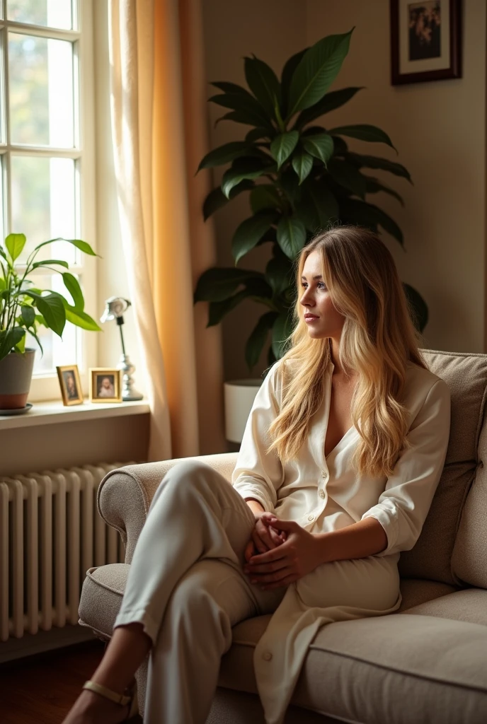 30 year old woman, blonde, long hair, casual formal clothing covering the body, she's home