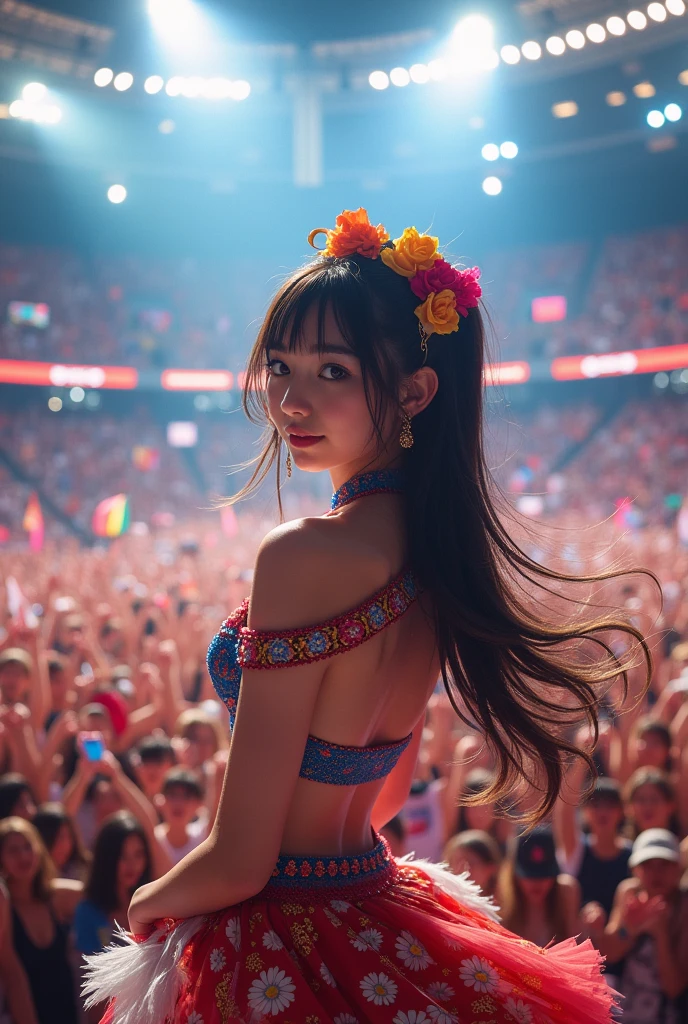 realistic,8k,Beautiful Japanese girl, rock idol estilo love live, singing for his fans at the stadium