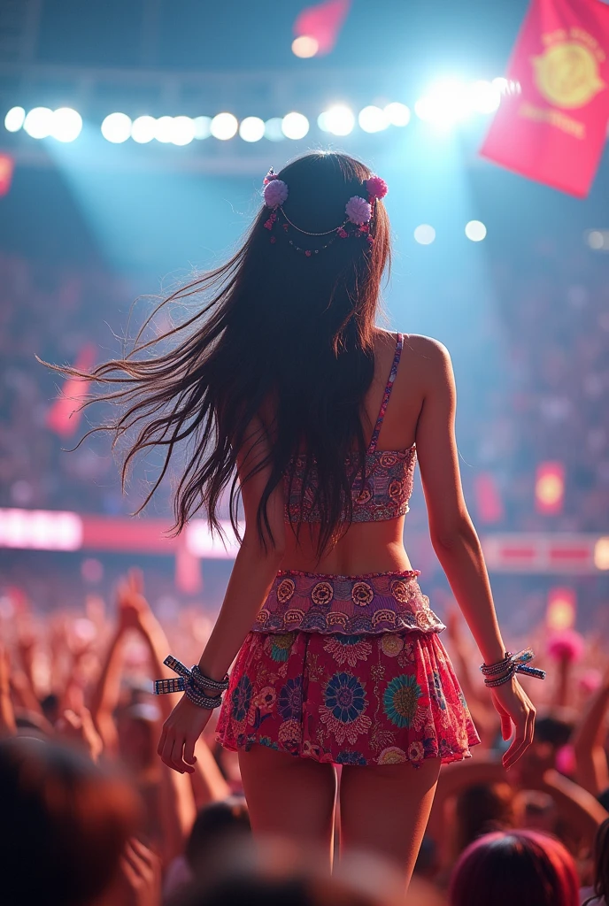 realistic,8k,Beautiful Japanese girl, rock idol estilo love live, singing for his fans at the stadium