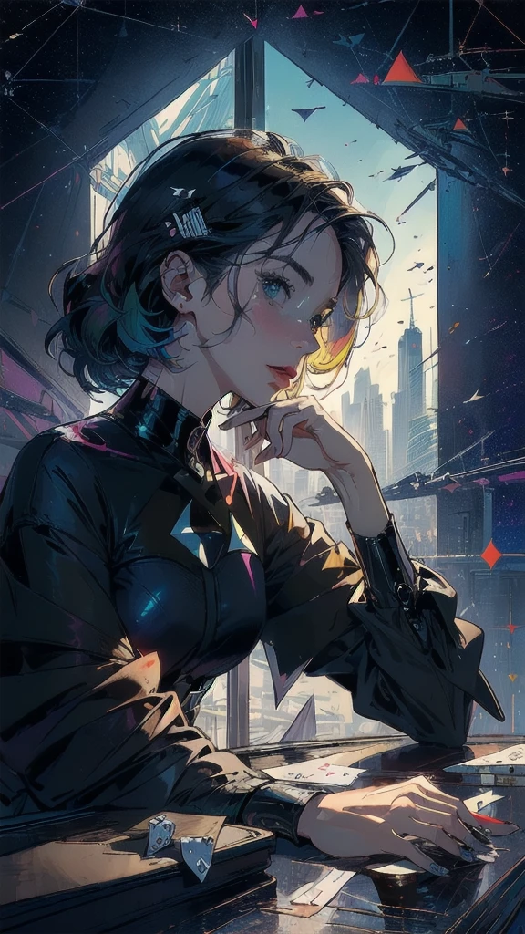 (((masterpiece, highest quality))),(((solo:1.2))),(((1girl:1.2))),32k wallpaper, very detailed, poster, vintage science fiction,(((((geometric cinematic movie poster))))), ((((bauhaus)))),(((abstract))),((((mid century modern)))),(((((portfolio))))),(((((Close-up))))),(((((bust up))))),((((more various angle)))),(((highlight))),((((heterochromia)))),(((complete. detailed face))),(((Extremely talented))),(((most complecated machine))),(((Overall colorfully))),((((((Absolutely gradation background)))))),(((playing cards)))